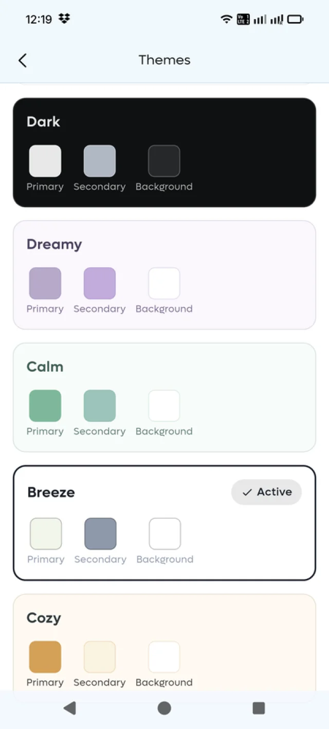 Τα θέματα χρωμάτων της Binaurly: Dark, Dreamy, Calm, Breeze, Cozy